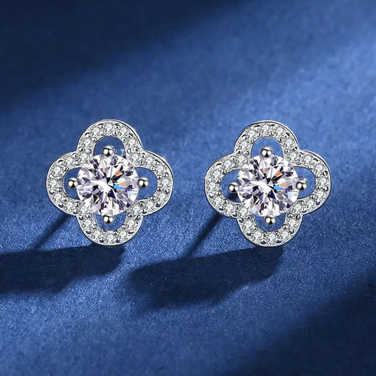 Silver Moissanite Clover Stud Earrings for Women
